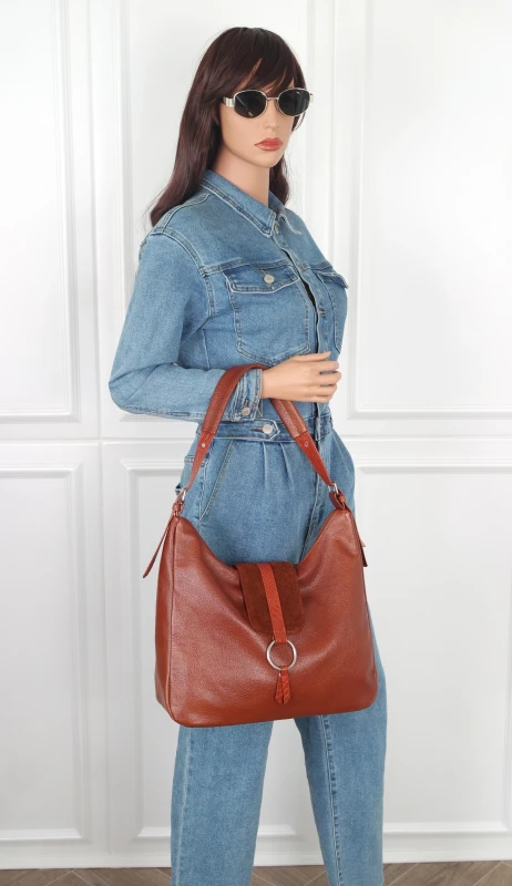 Włoska Torebka Worek Vera Pelle – Skórzany Hobo Bag | Zamsz i Skóra Naturalna | Brąz cieniowany