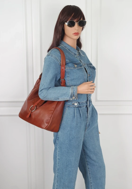 Włoska Torebka Worek Vera Pelle – Skórzany Hobo Bag | Zamsz i Skóra Naturalna | Brąz cieniowany