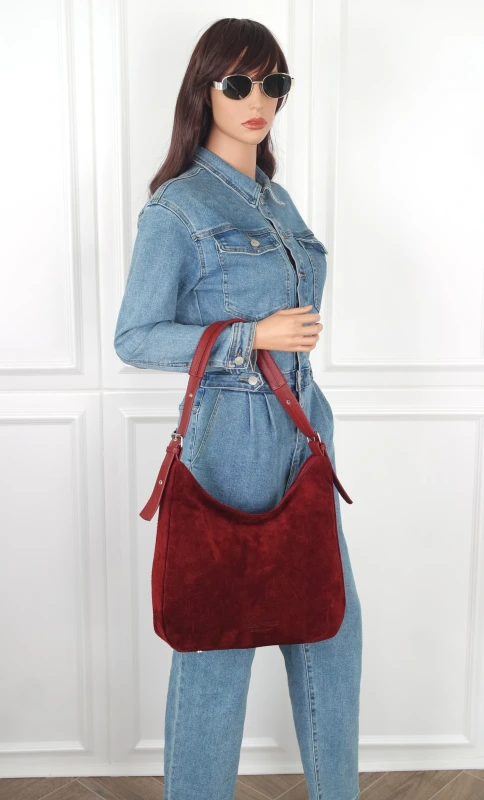 Włoska Torebka Skórzana Vera Pelle – Zamszowy Worek A4 | Boho Bag z Regulowaną Rączką | Bordo
