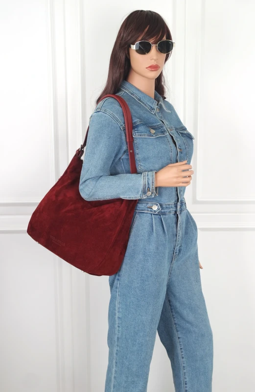 Włoska Torebka Skórzana Vera Pelle – Zamszowy Worek A4 | Boho Bag z Regulowaną Rączką | Bordo