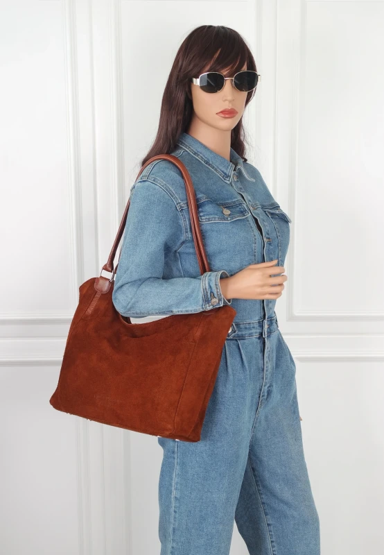 Włoska Torebka Skórzana A4 Vera Pelle – Zamszowy Shopper Bag | Skóra Naturalna | Brąz