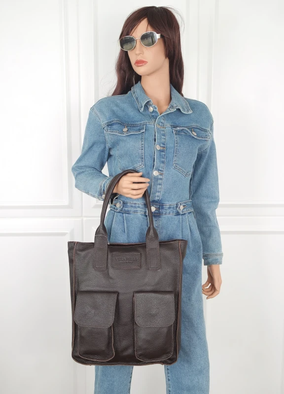 VERA PELLE Włoska skórzana torebka shopper Skóra Czekoladowy brąz