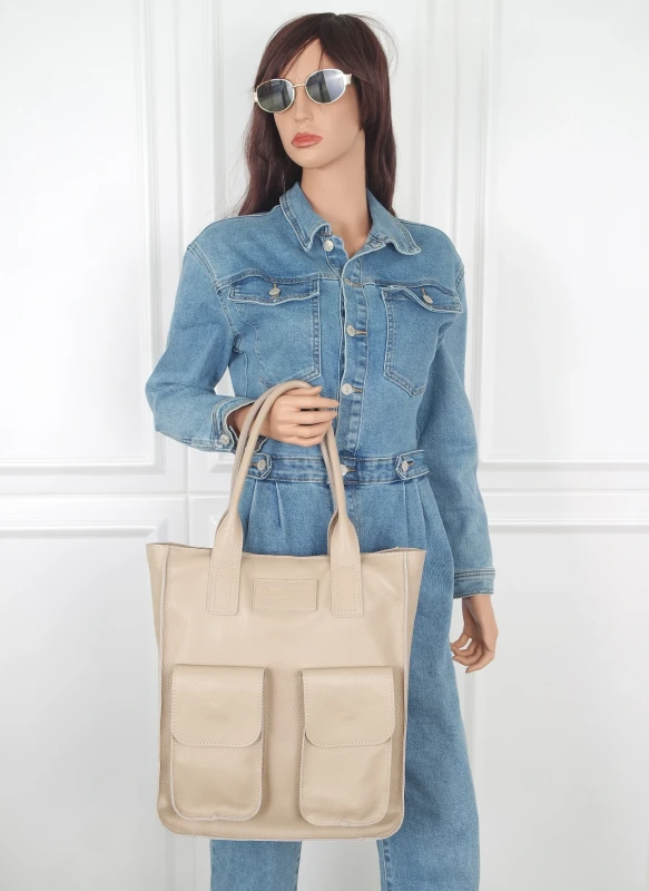 VERA PELLE Włoski skórzany shopper bag | Beżowy | Pojemny
