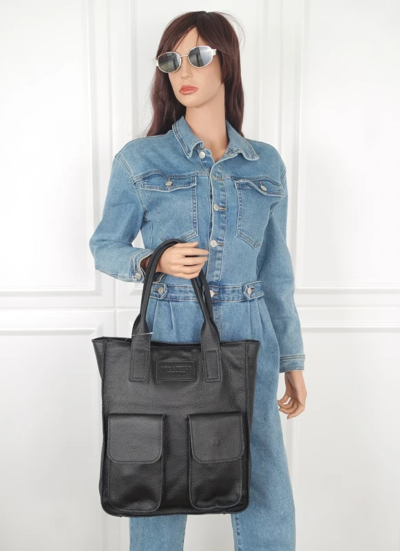 VERA PELLE Włoska skórzana torba shopper bag Czarna skóra naturalna