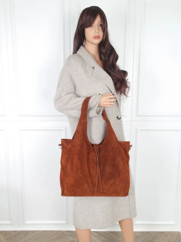 Torebka zamszowa Vera Pelle – duża torba shopper z naturalnego włoskiego zamszu