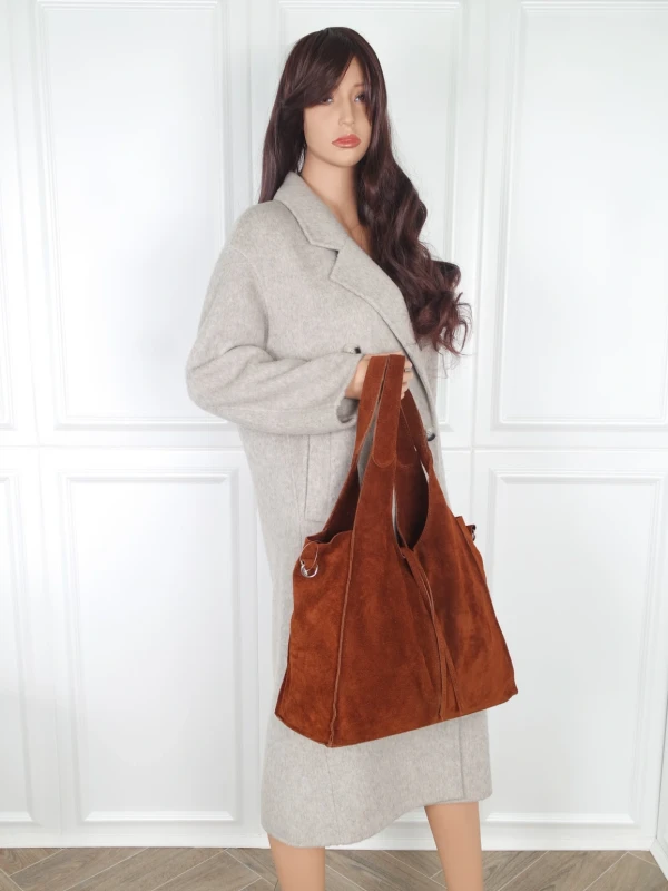 Torebka zamszowa Vera Pelle – duża torba shopper z naturalnego włoskiego zamszu