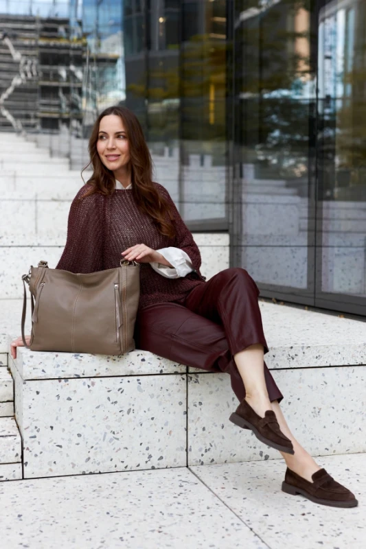 Włoska Torebka Skórzana A4 Vera Pelle – Dwukomorowy Shopper | Skóra Naturalna | Taupe