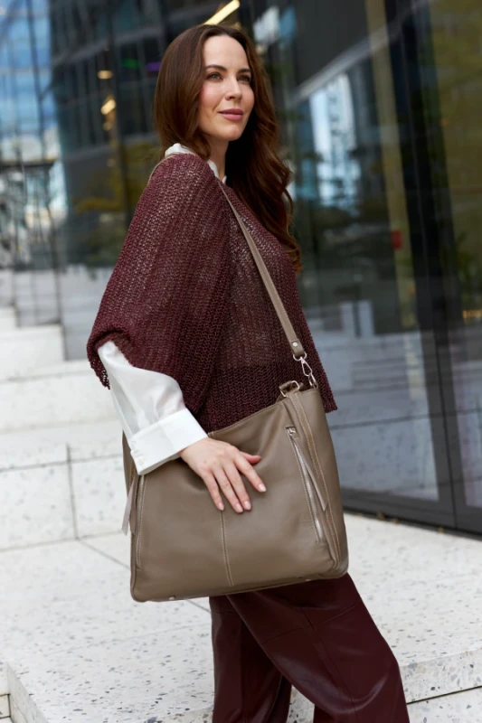 Włoska Torebka Skórzana A4 Vera Pelle – Dwukomorowy Shopper | Skóra Naturalna | Taupe