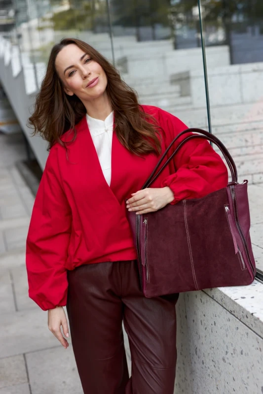 Włoska Torebka Skórzana A4 Vera Pelle – Zamszowy Shopper Bag | Skóra Naturalna | Długi pasek | Burgund