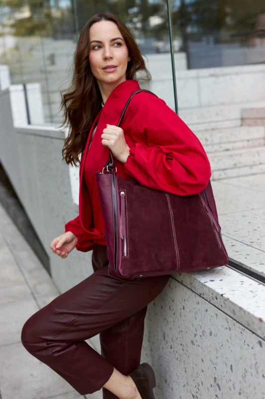 Włoska Torebka Skórzana A4 Vera Pelle – Zamszowy Shopper Bag | Skóra Naturalna | Długi pasek | Burgund