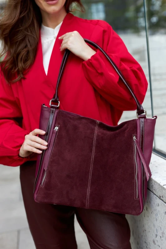 Włoska Torebka Skórzana A4 Vera Pelle – Zamszowy Shopper Bag | Skóra Naturalna | Długi pasek | Burgund