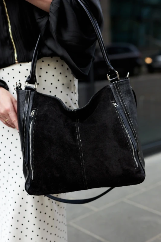 Włoska Torebka Skórzana A4 Vera Pelle – Zamszowy Shopper Bag | Skóra Naturalna | Długi pasek | Czarna