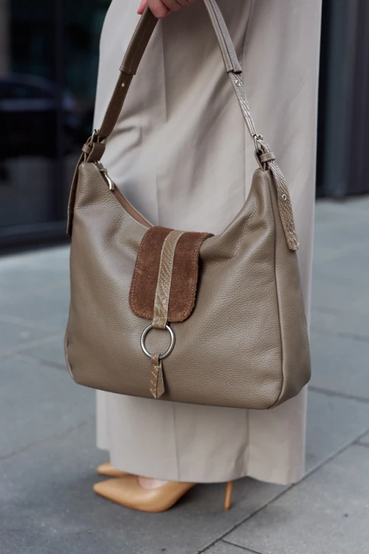 Włoska Torebka Worek Vera Pelle – Skórzany Hobo Bag | Zamsz i Skóra Naturalna | Taupe