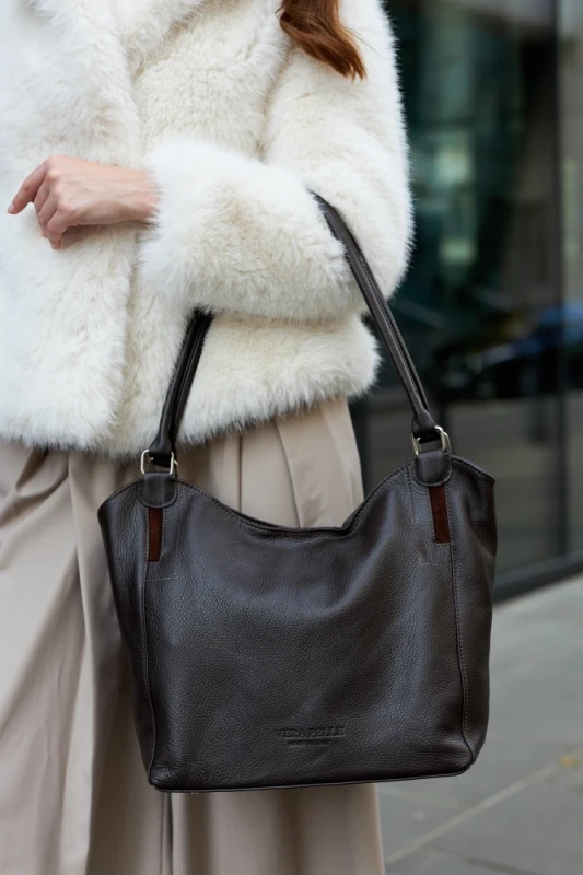 Włoska Torebka Skórzana A4 Vera Pelle – Klasyczny Shopper Bag | Skóra Groszkowa i Zamsz | Czekoladowy brąz