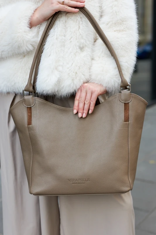 Włoska Torebka Skórzana A4 Vera Pelle – Klasyczny Shopper Bag | Skóra Groszkowa i Zamsz | Taupe