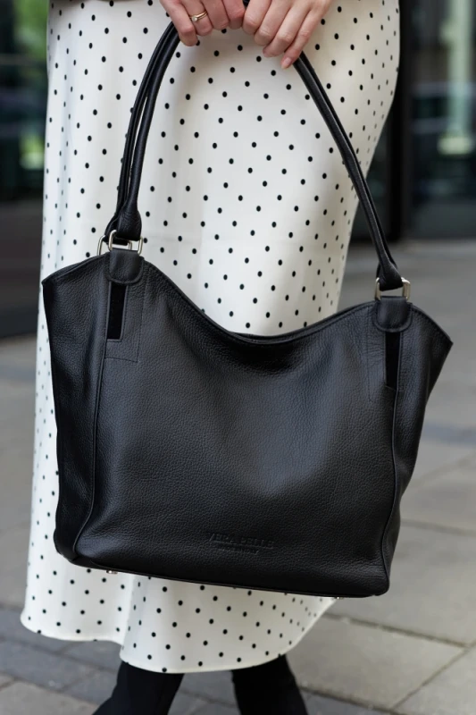 Włoska Torebka Skórzana A4 Vera Pelle – Klasyczny Shopper Bag | Skóra Groszkowa i Zamsz | Czarna