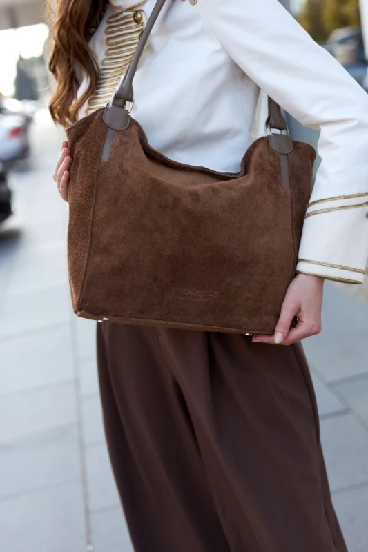 Włoska Torebka Skórzana A4 Vera Pelle – Zamszowy Shopper Bag | Skóra Naturalna | Taupe