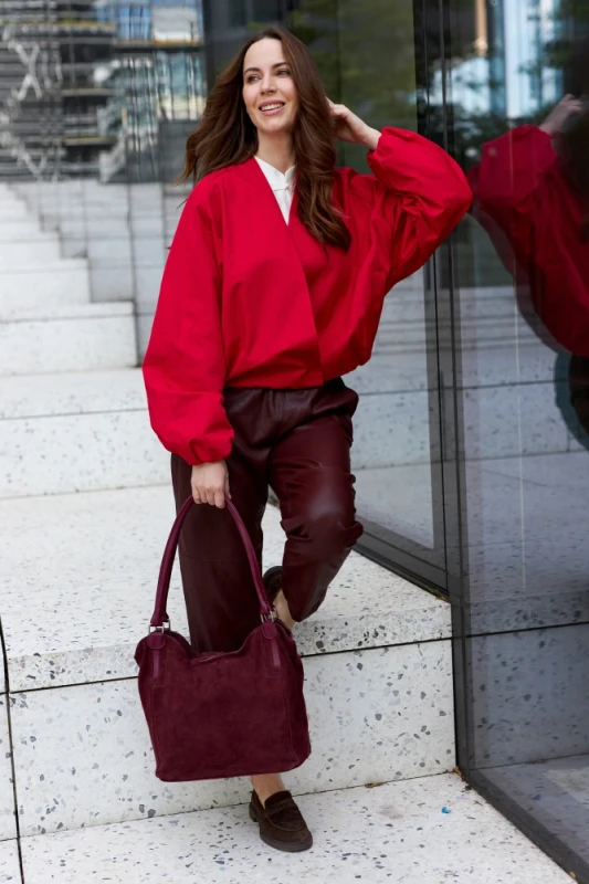 Włoska Torebka Skórzana A4 Vera Pelle – Zamszowy Shopper Bag | Skóra Naturalna | Burgund