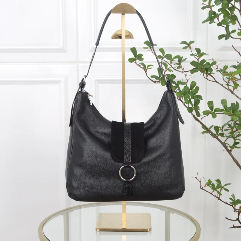 Włoska Torebka Worek Vera Pelle – Skórzany Hobo Bag | Zamsz i Skóra Naturalna | Czarna