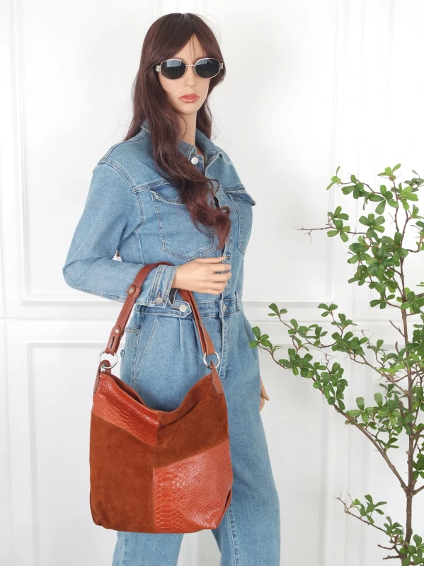 Włoska Torebka Worek Vera Pelle – Skórzany Hobo Bag | Zamsz i Skóra Naturalna | Brąz