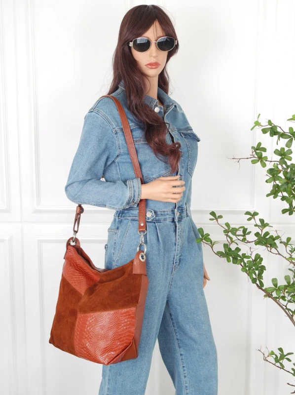 Włoska Torebka Worek Vera Pelle – Skórzany Hobo Bag | Zamsz i Skóra Naturalna | Brąz
