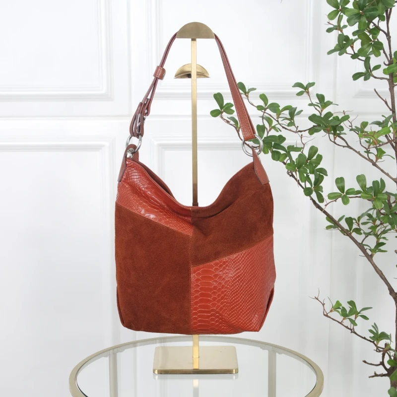 Włoska Torebka Worek Vera Pelle – Skórzany Hobo Bag | Zamsz i Skóra Naturalna | Brąz