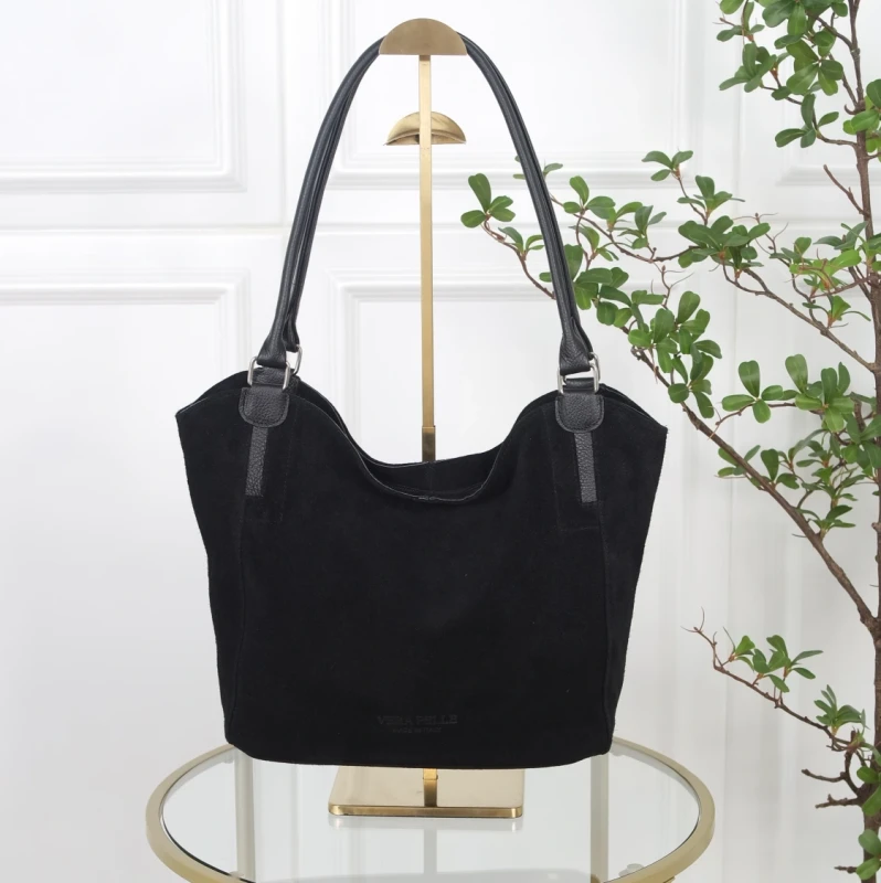 Włoska Torebka Skórzana A4 Vera Pelle – Zamszowy Shopper Bag | Skóra Naturalna | Czarna