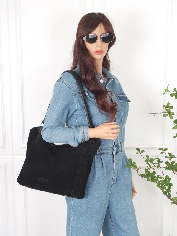 Włoska Torebka Skórzana A4 Vera Pelle – Zamszowy Shopper Bag | Skóra Naturalna | Czarna