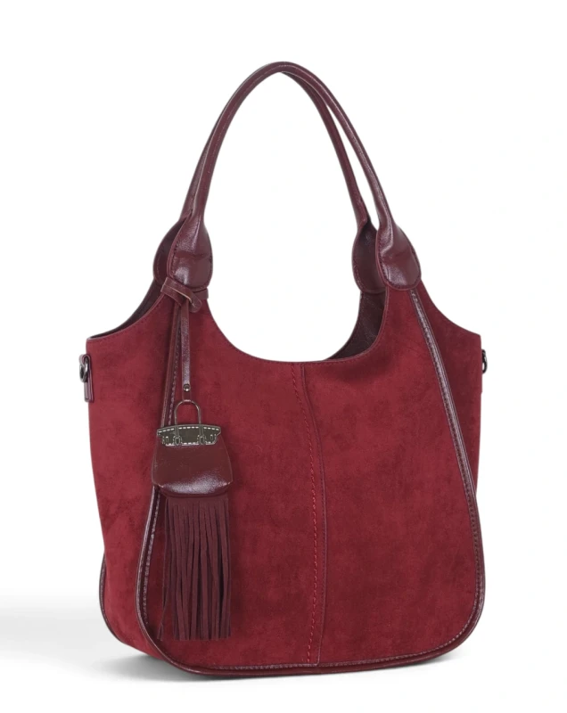 Maria C. Italy – elegancka bordowa torebka damska A4 zamszowa shopper bag na ramię