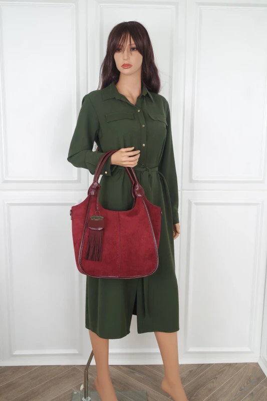 Maria C. Italy – elegancka bordowa torebka damska A4 zamszowa shopper bag na ramię