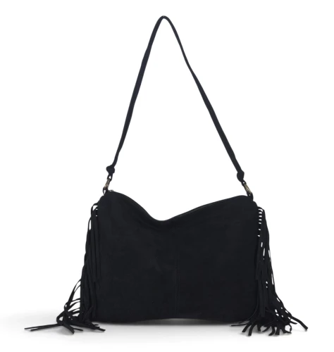 Zamszowa czarna torebka listonoszka Paolo Bags Italy – miękka shopperka z frędzlami