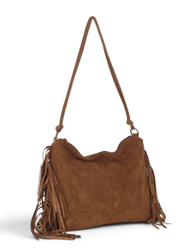 Zamszowa czekoladowa torebka listonoszka Paolo Bags Italy – miękka shopperka z frędzlami