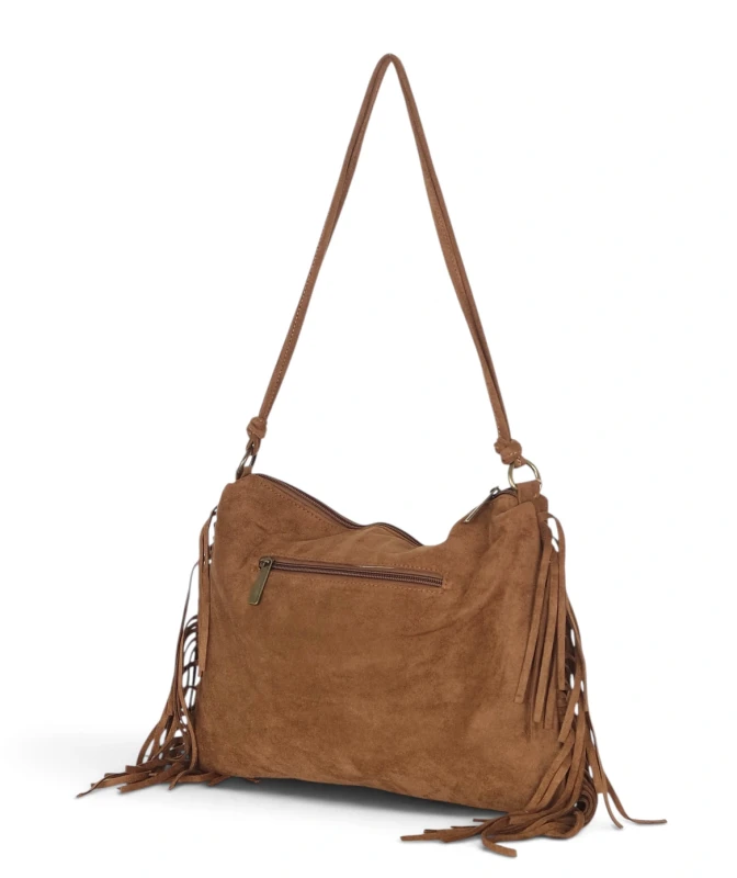 Zamszowa czekoladowa torebka listonoszka Paolo Bags Italy – miękka shopperka z frędzlami
