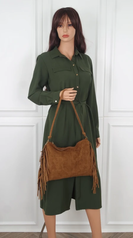 Zamszowa czekoladowa torebka listonoszka Paolo Bags Italy – miękka shopperka z frędzlami