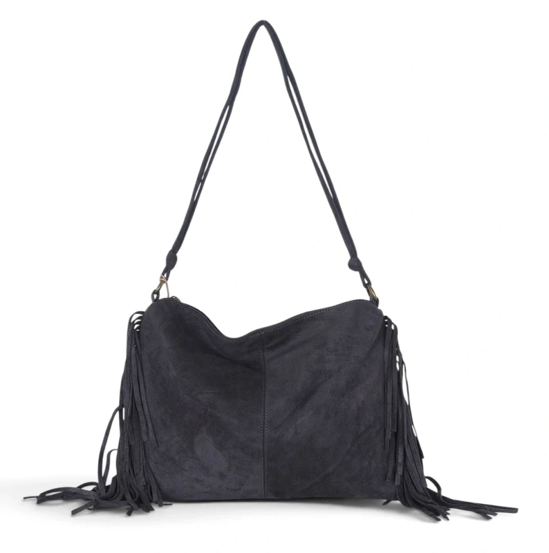 Zamszowa torebka listonoszka Paolo Bags Italy – miękka shopperka z frędzlami