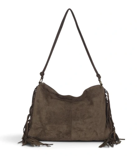 Zamszowa torebka listonoszka Paolo Bags Italy – miękka shopperka z frędzlami Zgniła zieleń