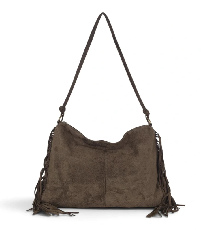 Zamszowa torebka listonoszka Paolo Bags Italy – miękka shopperka z frędzlami Zgniła zieleń