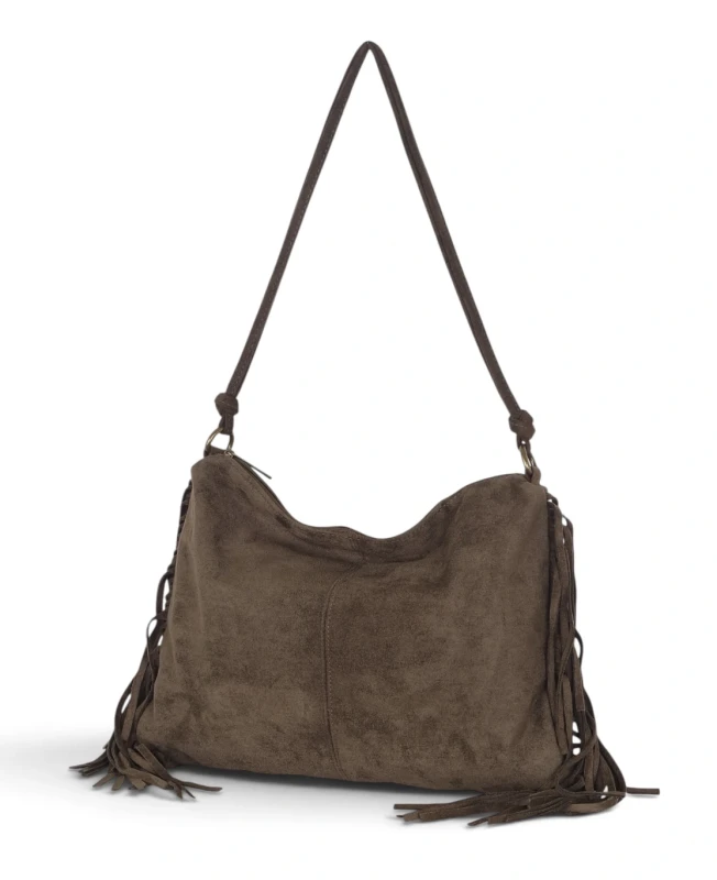 Zamszowa torebka listonoszka Paolo Bags Italy – miękka shopperka z frędzlami Zgniła zieleń