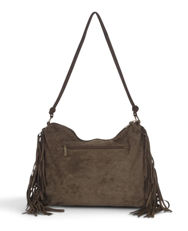 Zamszowa torebka listonoszka Paolo Bags Italy – miękka shopperka z frędzlami Zgniła zieleń