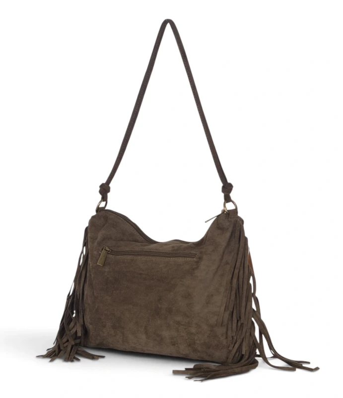 Zamszowa torebka listonoszka Paolo Bags Italy – miękka shopperka z frędzlami Zgniła zieleń