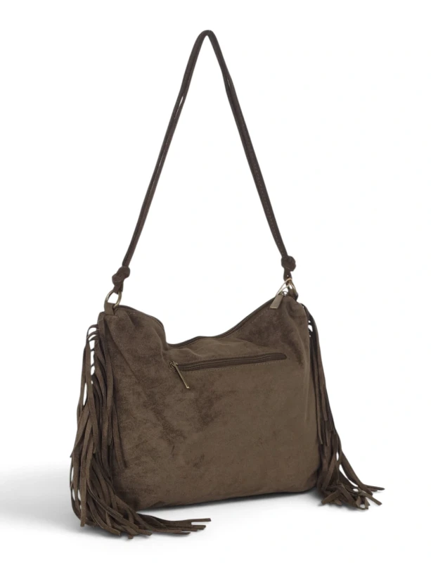 Zamszowa torebka listonoszka Paolo Bags Italy – miękka shopperka z frędzlami Zgniła zieleń