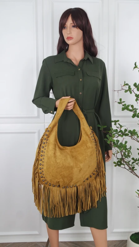 Zamszowa torebka shopperka Paolo Bags Italy – z frędzlami i dżetami