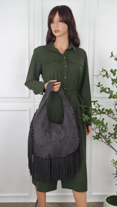 Zamszowa torebka shopperka Paolo Bags Italy – z frędzlami i dżetami