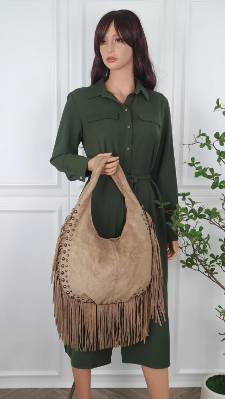 Zamszowa torebka shopperka Paolo Bags Italy – z frędzlami i dżetami