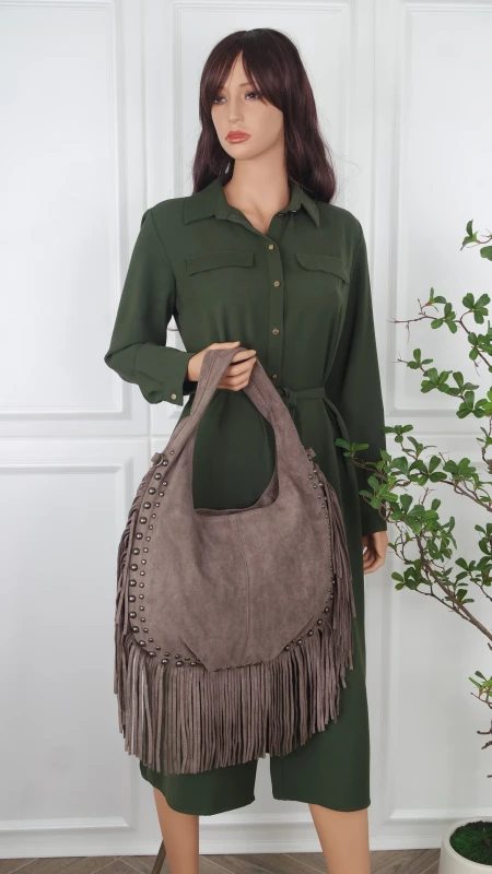 Zamszowa torebka shopperka Paolo Bags Italy – z frędzlami i dżetami