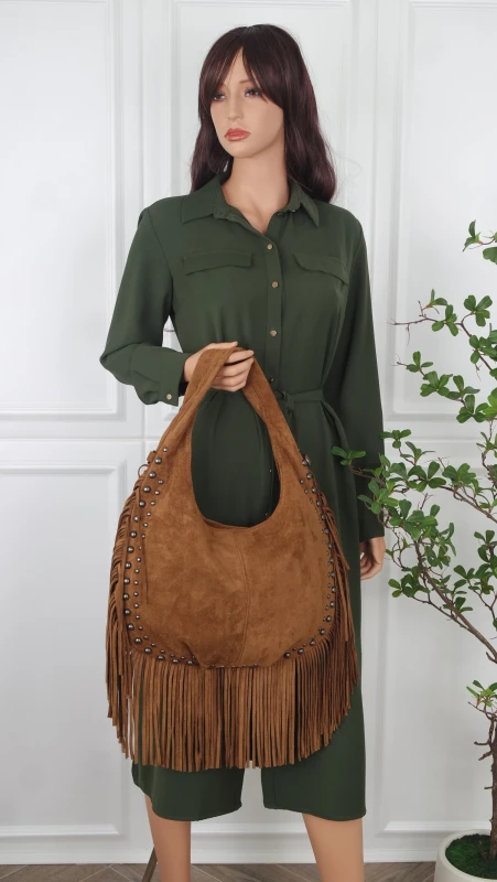 Zamszowa torebka shopperka Paolo Bags Italy – z frędzlami i dżetami