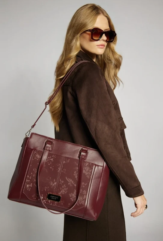 Monnari Premium Collection Torebka Damska A4 | Burgundowa | Do Ręki i na Ramię | Pasek