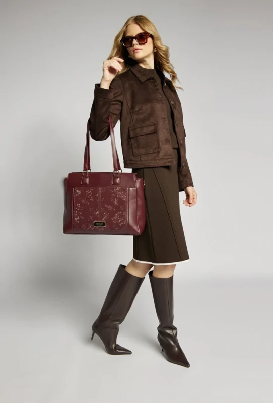 Monnari Premium Collection Torebka Damska A4 | Burgundowa | Do Ręki i na Ramię | Pasek