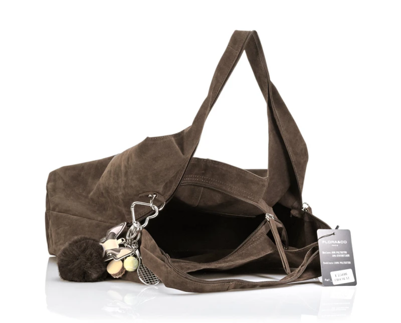FLORA&amp;CO Paris Duża Torebka Shopper A4 z Zamszu Ekologicznego | Breloki | Rączki + Pasek