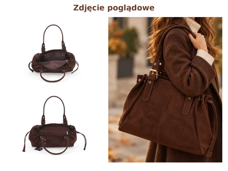 Gallantry Paris Zamszowa Torebka Shopper A4| Kuferek | Regulowana Szerokość i Rączki